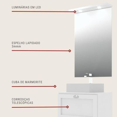 Gabinete Para Banheiro Com Tampo Cuba E Armario 60cm Retro Mdf Branco Milano - On Móveis