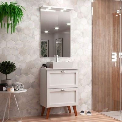 Gabinete Para Banheiro Com Tampo Cuba E Armario 60cm Retro Mdf Branco Milano - On Móveis