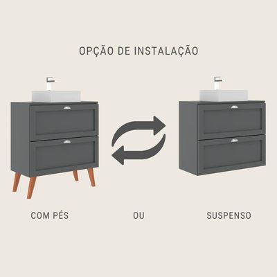 Gabinete Para Banheiro Com Tampo Cuba E Espelho 80cm Retro Mdf Grafite Milano - On Móveis