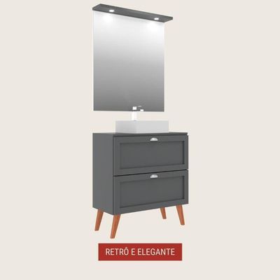 Gabinete Para Banheiro Com Tampo Cuba E Espelho 80cm Retro Mdf Grafite Milano - On Móveis