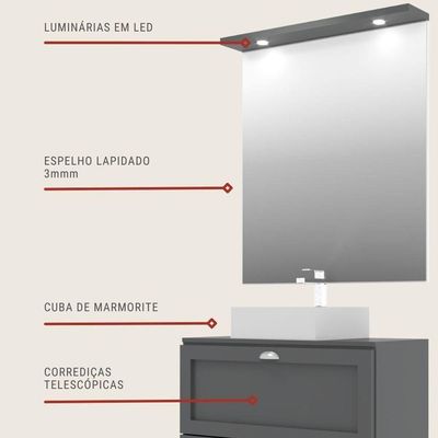 Gabinete Para Banheiro Com Tampo Cuba E Espelho 80cm Retro Mdf Grafite Milano - On Móveis
