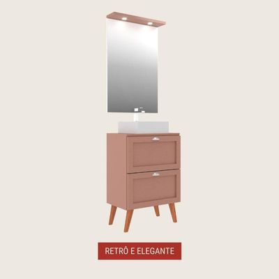 Gabinete Para Banheiro Com Tampo Cuba E Espelho 60cm Retro Mdf Rosa Milano - On Móveis