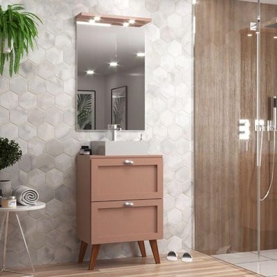 Gabinete Para Banheiro Com Tampo Cuba E Espelho 60cm Retro Mdf Rosa Milano - On Móveis