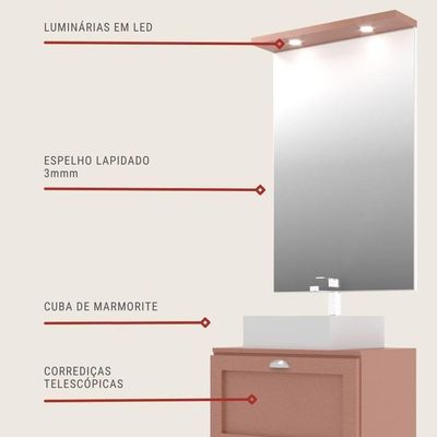 Gabinete Para Banheiro Com Tampo Cuba E Armario 60cm Retro Mdf Rosa Milano - On Móveis