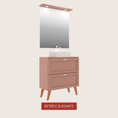 Gabinete Para Banheiro Com Tampo Cuba E Espelho Redondo 80cm Retro Mdf Rosa Milano - On Móveis