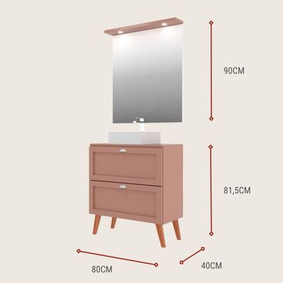 Gabinete Para Banheiro Com Tampo Cuba E Espelho Redondo 80cm Retro Mdf Rosa Milano - On Móveis