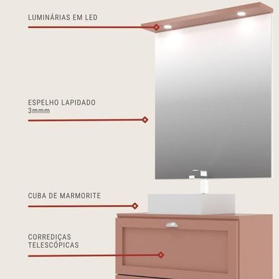 Gabinete Para Banheiro Com Tampo Cuba E Espelho Redondo 80cm Retro Mdf Rosa Milano - On Móveis