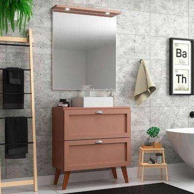Gabinete Para Banheiro Com Tampo Cuba E Espelho Redondo 80cm Retro Mdf Rosa Milano - On Móveis