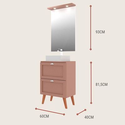 Gabinete Para Banheiro Com Tampo Cuba E Espelho Redondo 60cm Retro Mdf Rosa Milano - On Móveis
