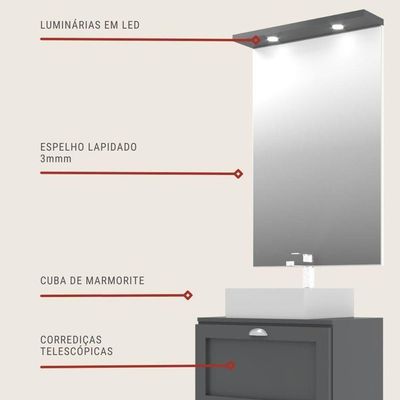 Gabinete Para Banheiro Com Tampo Cuba E Armario 60cm Retro Mdf Grafite Milano - On Móveis