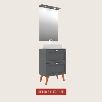 Gabinete Para Banheiro Com Tampo Cuba E Armario 60cm Retro Mdf Grafite Milano - On Móveis