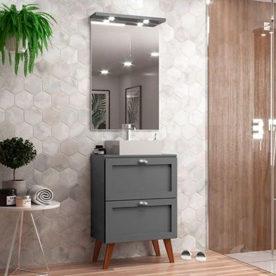 Gabinete Para Banheiro Com Tampo Cuba E Armario 60cm Retro Mdf Grafite Milano - On Móveis