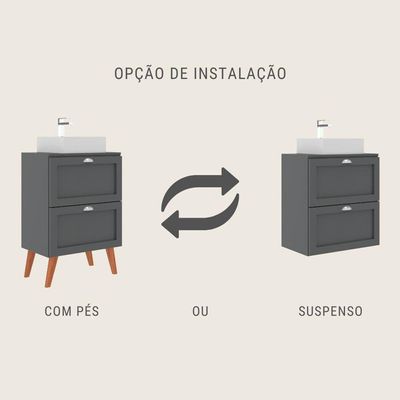 Gabinete Para Banheiro Com Tampo Cuba E Espelho 60cm Retro Mdf Grafite Milano - On Móveis