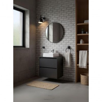 Gabinete Para Banheiro Com Cuba E Espelho Redondo 60cm Mdf Grafite Dubai - On Móveis