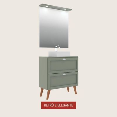 Gabinete Para Banheiro Com Tampo Cuba E Espelho Redondo 80cm Retro Mdf Verde Milano - On Móveis