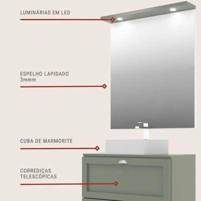 Gabinete Para Banheiro Com Tampo Cuba E Espelho Redondo 80cm Retro Mdf Verde Milano - On Móveis