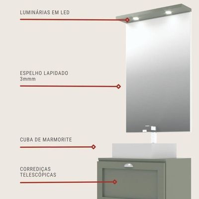 Gabinete Para Banheiro Com Tampo Cuba E Espelho Redondo 60cm Retro Mdf Verde Milano - On Móveis