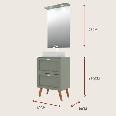 Gabinete Para Banheiro Com Tampo Cuba E Espelho Redondo 60cm Retro Mdf Verde Milano - On Móveis