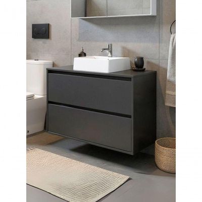Gabinete Para Banheiro Com Cuba E Espelho Redondo 80cm Mdf Grafite Dubai - On Móveis