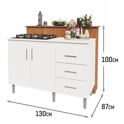 Kit Bancada Ilha Para Cozinha + Balcão Para Cooktop 1,20m 5 Bocas 2 Portas E 3 Gavetas Turim Branco Branco