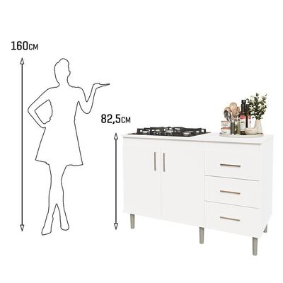 Kit Bancada Ilha Para Cozinha + Balcão Para Cooktop 1,20m 5 Bocas 2 Portas E 3 Gavetas Turim Branco Branco