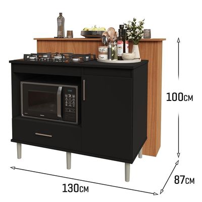 Kit Bancada Ilha Para Cozinha + Balcão Para Cooktop 1,05m 5 Bocas Turim Preto Preto