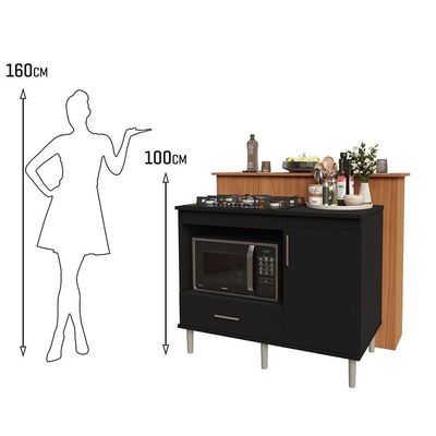 Kit Bancada Ilha Para Cozinha + Balcão Para Cooktop 1,05m 5 Bocas Turim Preto Preto