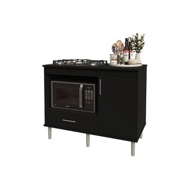 Kit Bancada Ilha Para Cozinha + Balcão Para Cooktop 1,05m 5 Bocas Turim Preto Preto