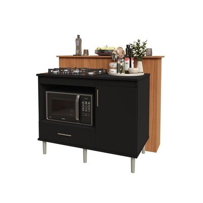 Kit Bancada Ilha Para Cozinha + Balcão Para Cooktop 1,05m 5 Bocas Turim Preto Preto