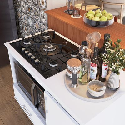 Kit Bancada Ilha Para Cozinha + Balcão Para Cooktop 1,05m 5 Bocas Turim Branco Branco