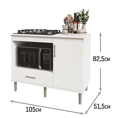 Kit Bancada Ilha Para Cozinha + Balcão Para Cooktop 1,05m 5 Bocas Turim Branco Branco