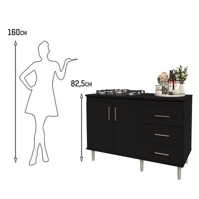 Kit Bancada Ilha Para Cozinha + Balcão Para Cooktop 1,20m 5 Bocas 2 Portas E 3 Gavetas Turim Preto Preto