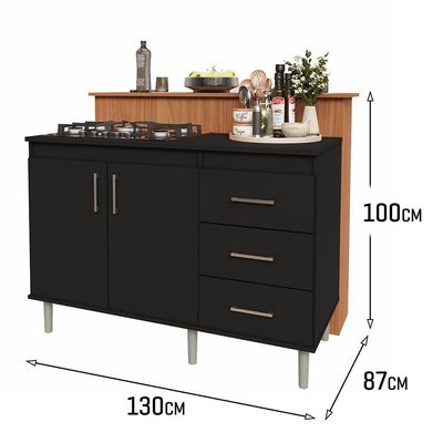 Kit Bancada Ilha Para Cozinha + Balcão Para Cooktop 1,20m 5 Bocas 2 Portas E 3 Gavetas Turim Preto Preto