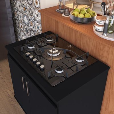 Kit Bancada Ilha Para Cozinha + Balcão Para Cooktop 0,80m 5 Bocas 2 Portas Turim Preto Preto