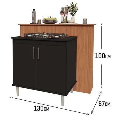 Kit Bancada Ilha Para Cozinha + Balcão Para Cooktop 0,80m 5 Bocas 2 Portas Turim Preto Preto