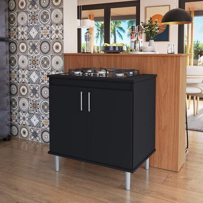 Kit Bancada Ilha Para Cozinha + Balcão Para Cooktop 0,80m 5 Bocas 2 Portas Turim Preto Preto