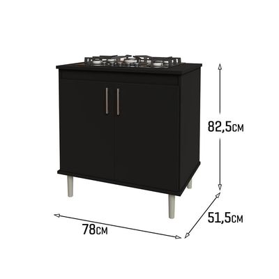 Kit Bancada Ilha Para Cozinha + Balcão Para Cooktop 0,80m 5 Bocas 2 Portas Turim Preto Preto