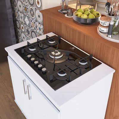 Kit Bancada Ilha Para Cozinha + Balcão Para Cooktop 0,80m 5 Bocas 2 Portas Turim Branco Branco