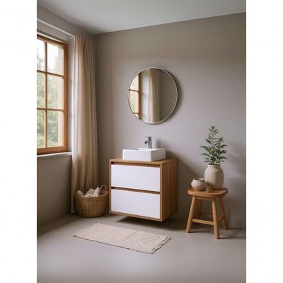 Gabinete Para Banheiro Com Cuba E Espelho Redondo 60cm Mdf Freijo Dubai - On Móveis