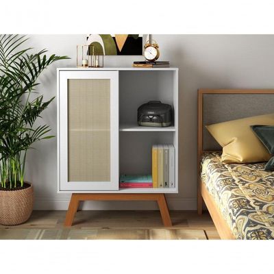 Balcao Alto Aparador Buffet Com Porta De Correr Rattan Pés Em Madeira Branco