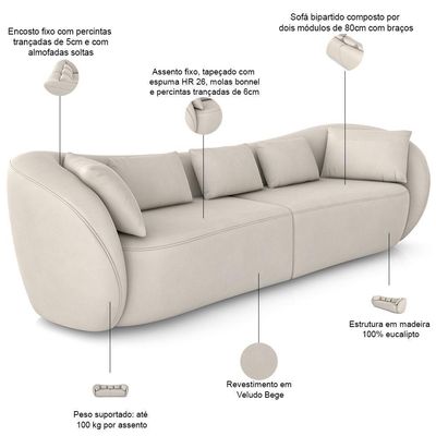 Sofá 3 Lugares Para Sala Living Orgânico 212cm Eça P08 Veludo Bege - Lyam Decor