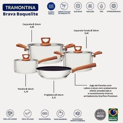 Jogo De Panelas Tramontina Brava Antiaderente Aço Inox Com Efeito Amadeirado 4 Peças