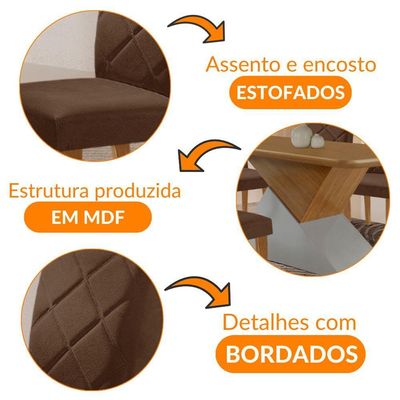 Mesa Sala De Jantar Aster 180cm E 6 Cadeiras Melissa Moderna Veludo Marrom/off White/imbuia