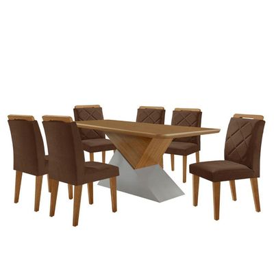 Mesa Sala De Jantar Aster 180cm E 6 Cadeiras Melissa Moderna Veludo Marrom/off White/imbuia