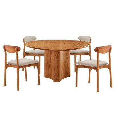 Mesa 135cm Laminado Com 4 Cadeiras Noronha Moderna Linho Off White Imbuia Naturale