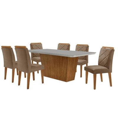 Mesa Sala De Jantar Aida 180cm E 6 Cadeiras Melissa Moderna Veludo Capuccino Off White Imbuia