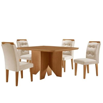 Mesa Evora 90 Mdf Com 4 Cadeiras Carol Veludo Creme Naturalle