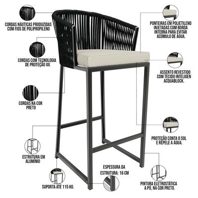Kit Mesa Bistrô Maya Com 03 Banquetas Área Gourmet Bar Corda Náutica Sunset D04 Preto - Lyam Decor