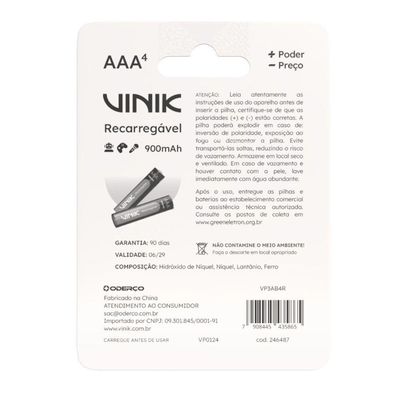 Pilha Recarregável Aaa C-4 - 900mah 1.2v - Vp3ab4r