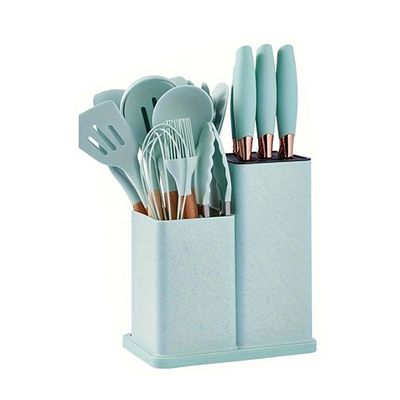 Kit 19 Utensílios De Cozinha Silicone Cabo De Madeira Faca Tábua Verde água